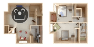 Floor plan for 2 beds, 2 baths, 965 sqft