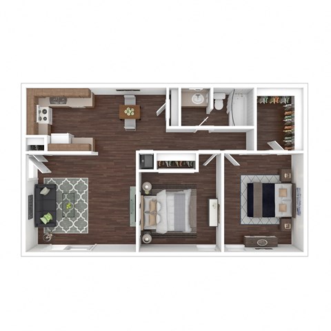 Floor plan for 2 beds, 1 bath, 861 sqft