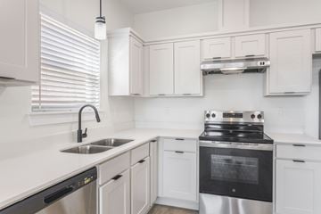Oklahoma City triplex for rent - A modern kitchen with white cabinets and stainless steel appliances.