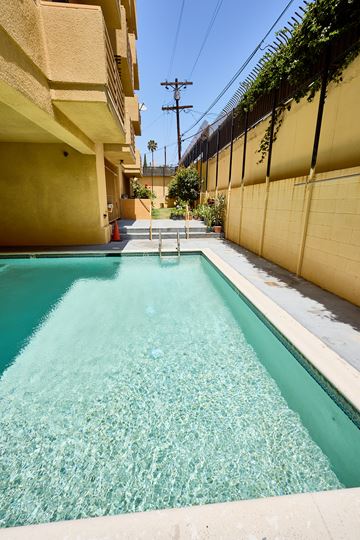 Los Angeles apartment for rent - A small pool with a yellow wall and a green plant on top.