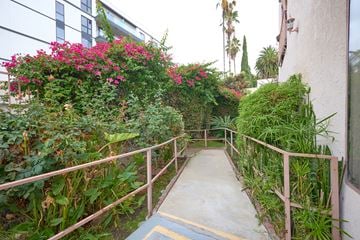 Los Angeles apartment for rent - A pathway with a railing on both sides is surrounded by green plants and trees.