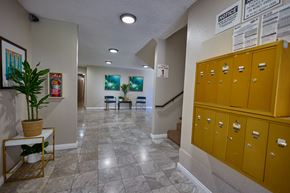 Los Angeles apartment for rent - A hallway with a yellow cabinet on the right and a plant on the left.