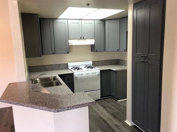 Los Angeles apartment for rent - a kitchen with black cabinets and a sink and a stove