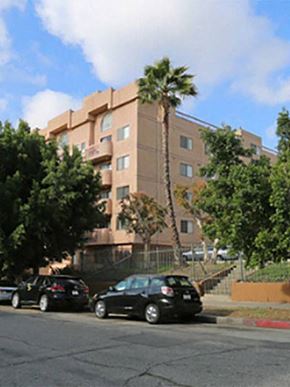 Los Angeles apartment for rent - a building with a palm tree and cars parked in front of it