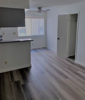Los Angeles apartment for rent - an empty kitchen and living room with wood flooring