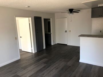 Los Angeles apartment for rent - a renovated living room with wood floors and a ceiling fan