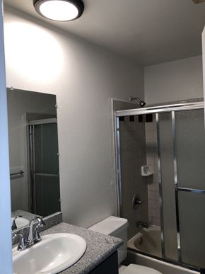 Los Angeles apartment for rent - a bathroom with a shower and a sink and a toilet