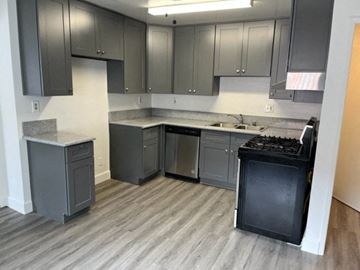 Los Angeles apartment for rent - a kitchen with gray cabinets and a stove and a sink