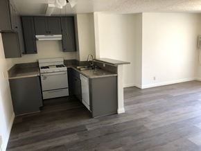 Los Angeles apartment for rent - an empty kitchen with stainless steel appliances and a wooden floor