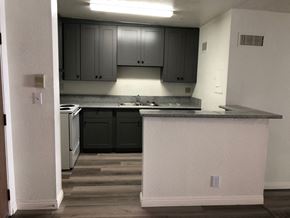 Los Angeles apartment for rent - an empty kitchen with black cabinets and a counter
