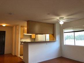 Los Angeles apartment for rent - an empty living room with a kitchen and a ceiling fan