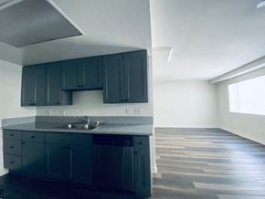 Los Angeles apartment for rent - an empty kitchen with blue cabinets and a sink