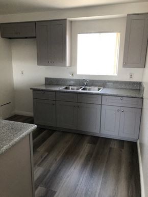 Los Angeles apartment for rent - an empty kitchen with gray cabinets and a sink