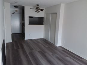Venice apartment for rent - a renovated living room with wood floors and a ceiling fan
