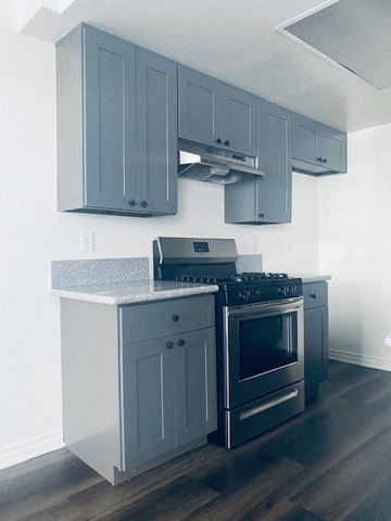 Los Angeles apartment for rent - a kitchen with blue cabinets and a stove and