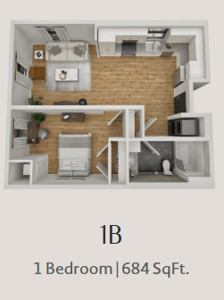 Floor plan for 1 bed, 1 bath, 684 sqft