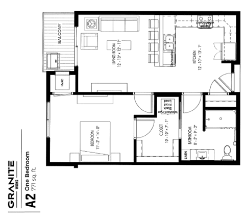 Floor plan for 1 bed, 1 bath, 771 sqft