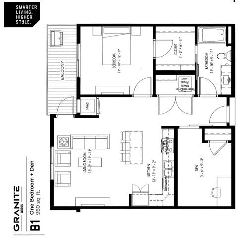 Floor plan for 1 bed, 1 bath, 771 sqft