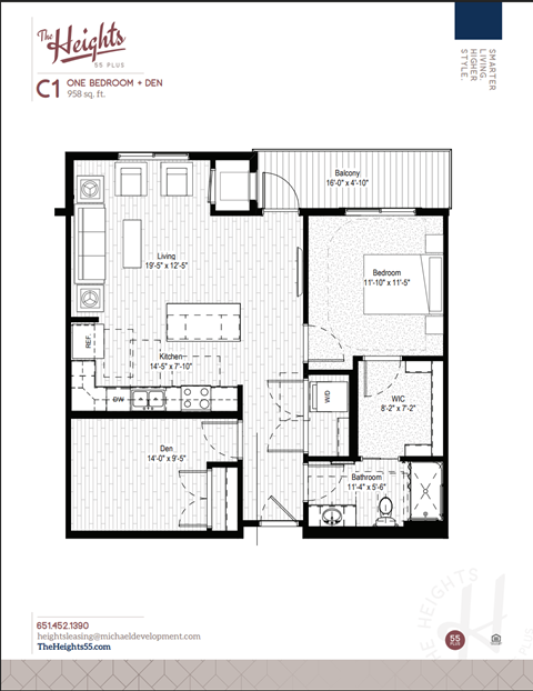 Floor plan for 1 bed, 1 bath, 876 sqft