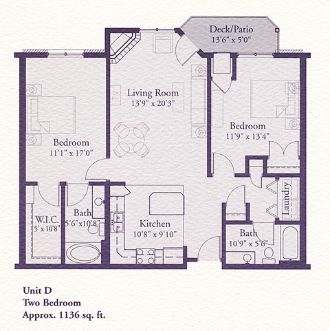 Floor plan for 2 beds, 2 baths, 1136 sqft