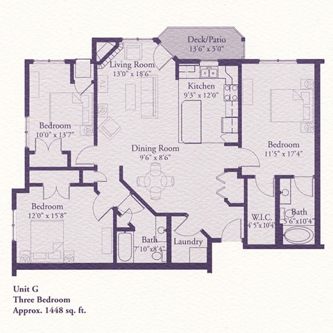 Floor plan for 3 beds, 3 baths, 1448 sqft