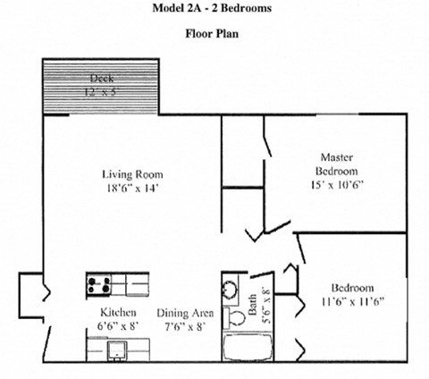 Floor plan for 2 beds, 1 bath, 890 sqft