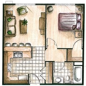 Floor plan for 1 bed, 1 bath, 600 sqft