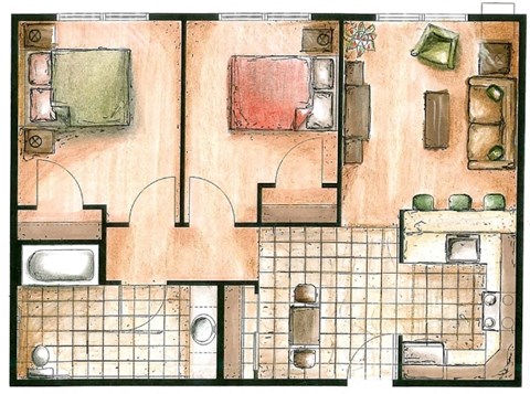 Floor plan for 2 beds, 2 baths, 820 sqft