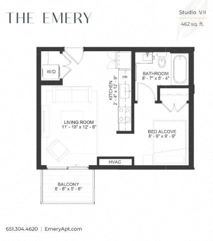 Floor plan for studio, 1 bath, 462 sqft