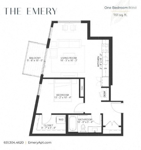 Floor plan for 1 bed, 1 bath, 731 sqft