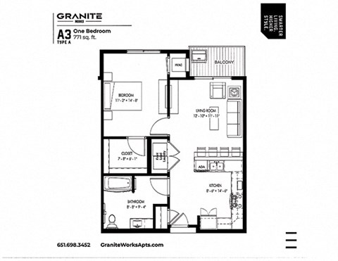 Floor plan for 1 bed, 1 bath, 771 sqft