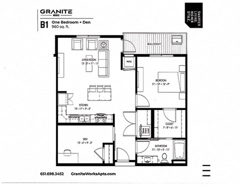Floor plan for 1 bed, 1 bath, 960 sqft