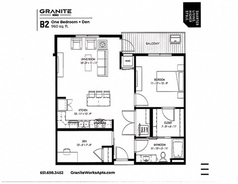 Floor plan for 1 bed, 1 bath, 771 sqft
