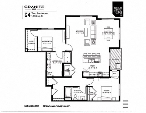 Floor plan for 2 beds, 2 baths, 1214 sqft
