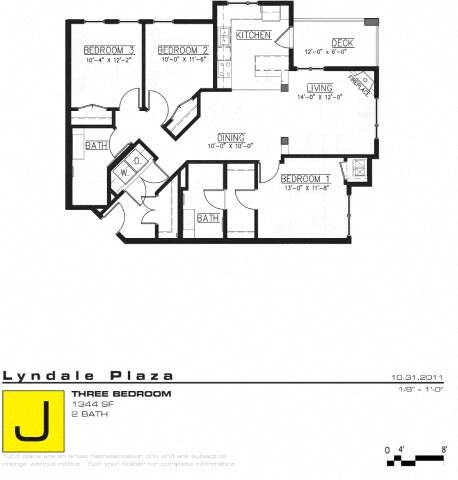 Floor plan for 3 beds, 2 baths, 1344 sqft