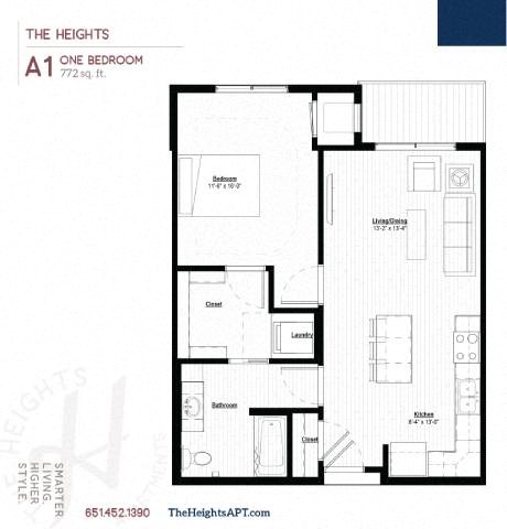 Floor plan for 1 bed, 1 bath, 772 sqft