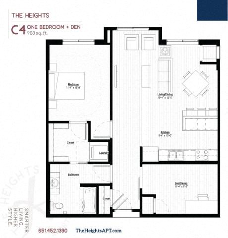 Floor plan for 1 bed, 1 bath, 876 sqft