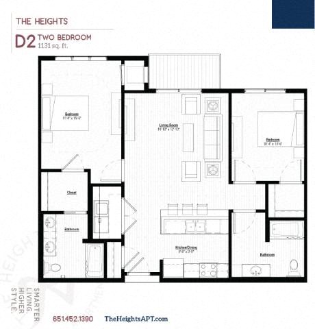 Floor plan for 2 beds, 1 bath, 1215 sqft