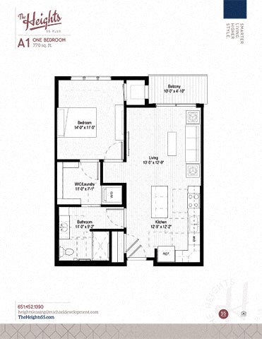 Floor plan for 1 bed, 1 bath, 772 sqft
