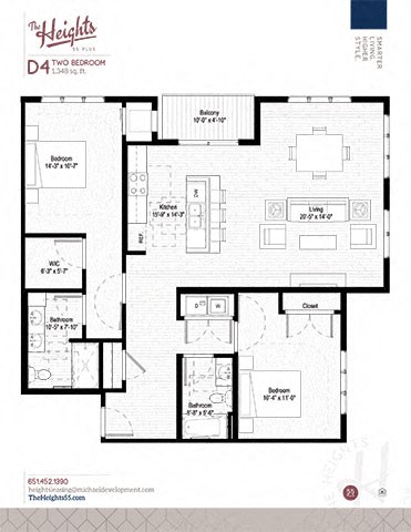 Floor plan for 2 beds, 2 baths, 1215 sqft