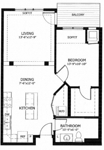 Floor plan for 1 bed, 1 bath, 760 sqft