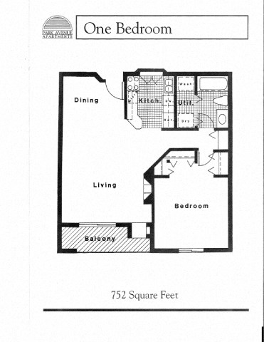 Floor plan for 1 bed, 1 bath, 752 sqft