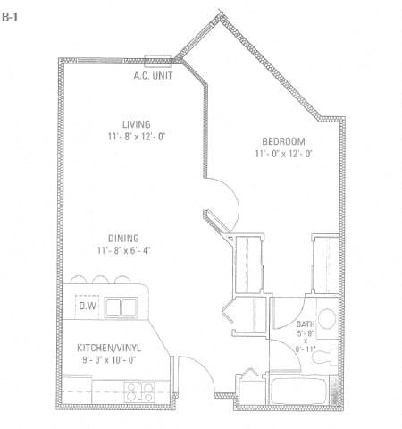 Floor plan for 1 bed, 1 bath, 660 sqft