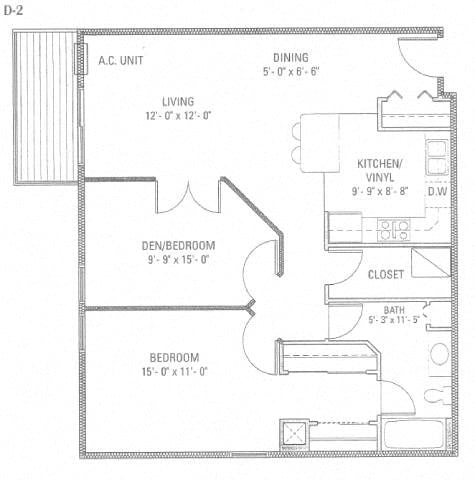 Floor plan for 2 beds, 2 baths, 885 sqft