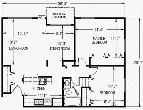 Floor plan for 2 beds, 1 bath, 915 sqft