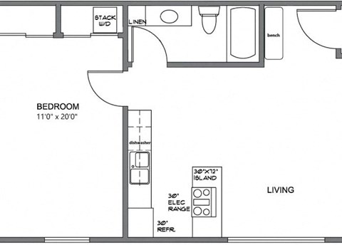 Floor plan for 1 bed, 1 bath, 594 sqft