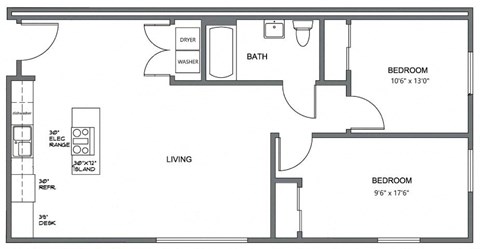 Floor plan for 2 beds, 1 bath, 803 sqft