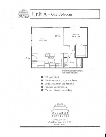 Floor plan for 1 bed, 1 bath, 768 sqft