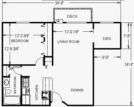 Floor plan for 2 beds, 1 bath, 915 sqft