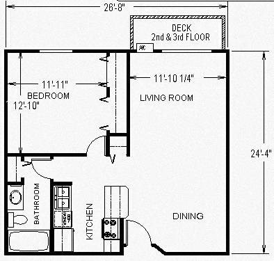 Floor plan for 1 bed, 1 bath, 710 sqft